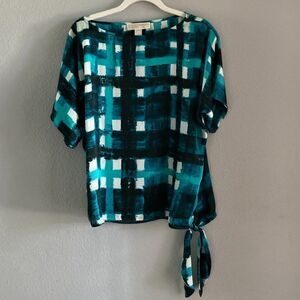 Michael Kors white/blue and green pattern short sleeve blouse size XS